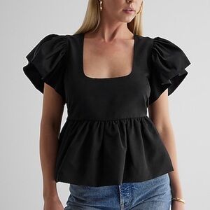 Express Black Puff Sleeve Peplum Blouse
